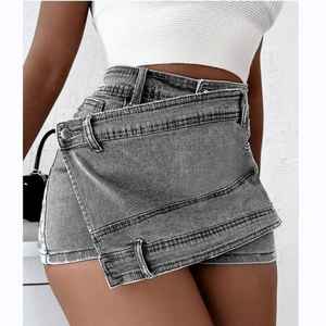 Short en jean taille haute taille croisée pour femmes OEM coupe droite ample respirant en détresse lavé vintage léopard dentelle été - Product Image 6
