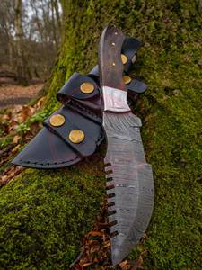 Cuchillo de caza con mango de madera hecho a mano de acero de Damasco, cuchillo rastreador para acampar al aire libre con Funda de cuero - Product Image 6