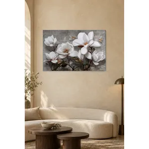Impression sur toile de magnolias et papillons blancs sur fond gris de Fida - Product Image 1