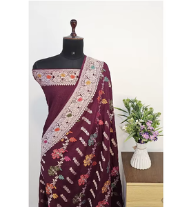 Sari Banarasi traditionnel en pur Georgette Tussur semi-tissé à la main, avec travail Tilfi Meena multicolore Meenakari, protection solaire, séchage rapide - Product Image 1