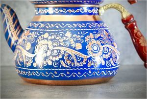 สีฟ้าไม้ทองเหลืองจับกาต้มน้ำชาทองแดงกาน้ำชาสำหรับโรงแรมร้านอาหารบ้านเครื่องครัวหม้อกาแฟทำในประเทศอินเดีย2023ขายส่ง - Product Image 3