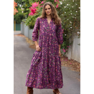 Vestido Largo Maxi con Mangas Largas, 100% Algodón, Estampado Floral Bohemio, Tejido Informal para Uso Diario, para Primavera, Verano, Aire Libre, ODM - Product Image 1