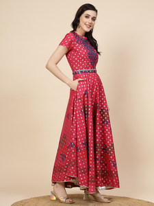 Ensemble Kurta Anarkali en rayonne pure pour femme, rose, imprimé et brodé, longueur ras du sol, coupe trapèze, lavable, prix de gros, fait main en Inde - Product Image 5