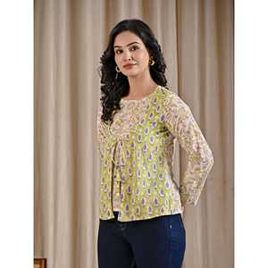 Haut asymétrique en coton vert imprimé à la main pour femme, col à volants, longueur longue, taille XL, brodé, en popeline unie tricotée - Product Image 5