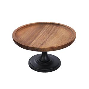 Support de gâteau en bois d'acacia naturel avec support en métal pour table de fête Support de gâteau à pizza Design fantaisie Forme ronde - Product Image 4