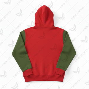 Sweat-shirt à capuche personnalisé avec logo, en polaire douce, à empiècements contrastants rouge vif et vert olive, style streetwear décontracté pour l'hiver - Product Image 2