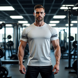 เสื้อยืดแขนสั้นสำหรับออกกำลังกายเพาะกายเสื้อยืดฟิตเนสคอกลมของผู้ชายเสื้อออกกำลังกายกล้ามเนื้อโพลีเอสเตอร์100% สำหรับผู้ชาย - Product Image 5