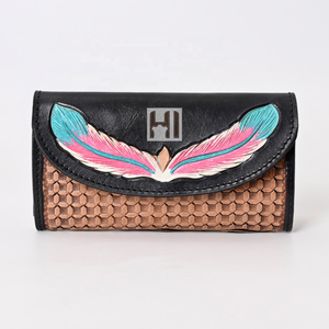 Luxury Women's Genuine Leather Bifold RFID <b>Wallet</b> Vintage Floral Tassel Design Top Selling Rawhide Knitting Basket Tooled Long - Product Image 1