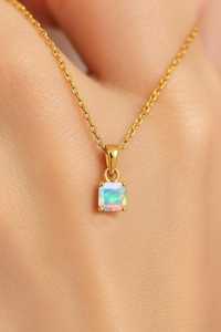 Collar con colgante cuadrado de ópalo multifuego blanco, Ópalo Natural, Plata de Ley 925, piedra natal chapada en oro de 14 quilates, regalo para ella - Product Image 6