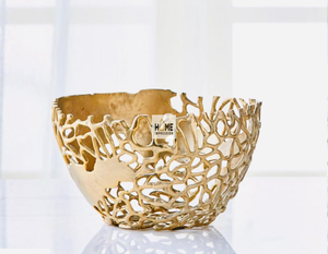 Bol en bois d'acacia de forme ronde avec base plaquée or en fonte d'aluminium et fleurs et feuilles en laiton Bol de service design attrayant - Product Image 4