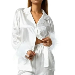 Silk Sleepwear 2 Pcs Luxury Nightwear Satin Solid <b>Pajamas</b> Whole Sale Women Breathable Sleepwear Turn Down Collar Light Color - Product Image 6