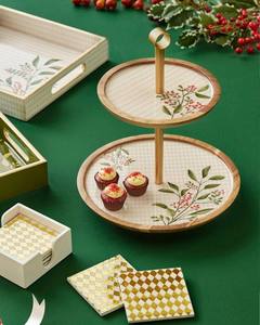 Support à deux niveaux pour cupcakes et fruits en bois de manguier avec poignée en métal de conception de feuille d'émail Service élégant pour les mariages Diwali Parties - Product Image 1