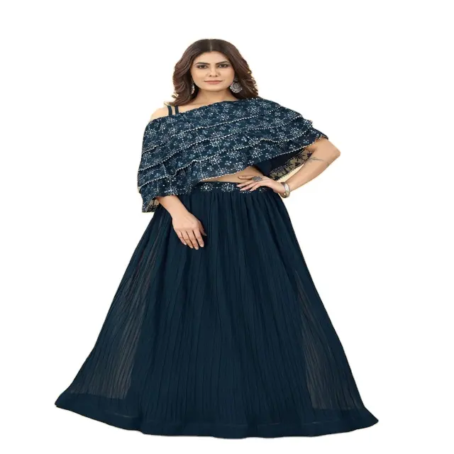 भारत से शादी और उत्सव में पहनने के लिए स्कर्ट के साथ उत्कृष्ट गुणवत्ता वाला सिलाई डिजाइनर बुटीक पोंचो टॉप