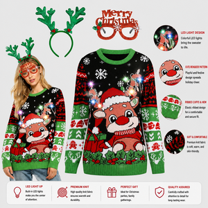 Suéter navideño feo con luces LED para mujer, suéter <span class=keywords><strong>de</strong></span> punto jacquard, suéter navideño con diseño <span class=keywords><strong>de</strong></span> árbol <span class=keywords><strong>de</strong></span> Navidad, Papá Noel y renos, suéter navideño festivo - Product Image 3
