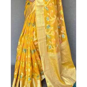 Elegante Sari de Seda Organza Amarillo con Blusa para Bodas - Product Image 1