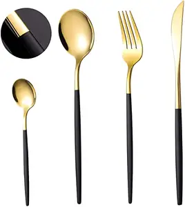 Gold Plated Metal Cutlery Set with Black Finished Handle Glossy Finishing Cutlery Flatware Set For Restaurants