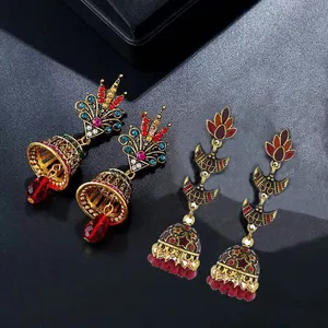 factory wholesale exaggerated retro ethnic style diamond long bell earrings large indian jewelry jhumka bell earrings