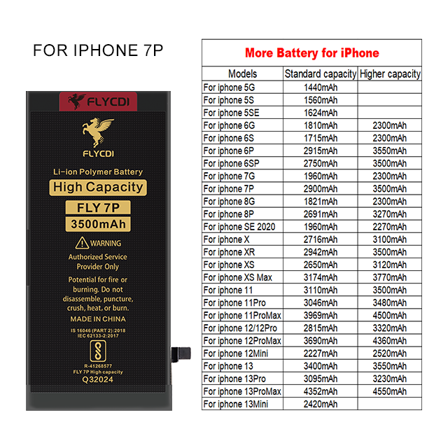FLYCDI New Replace Customized Smart Phone Battery for Iphone 6 6S 7 7P 8 8P X Xs Xr Xs Max 11 12 Lithium Ion Batteries