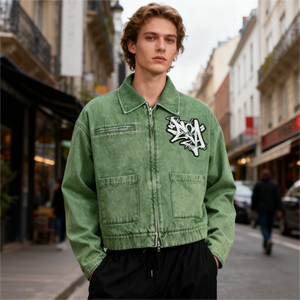 Chaqueta de mezclilla verde de alta calidad con lavado ácido, bordado, logotipo personalizado, diseño vintage, cremallera, cuello alto, para hombre - Product Image 1