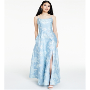 Abito da sera Nightway blu floreale in broccato, taglia 4, lussuoso, da festa, linea ad A, in raso, con spalline sottili, lunghezza al pavimento, con fiori naturali, ODM - Product Image 4