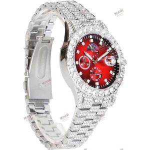 Reloj Iced Out de lujo con esfera azul, números romanos y bisel de diamantes CZ, reloj de pulsera ostentoso unisex de tono plateado para un estilo atrevido - Product Image 5