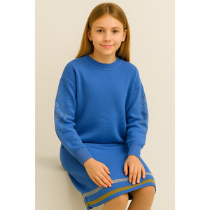 Vestido Casual de Punto Azul para Niña, Manga Larga, Corte Holgado y Diseño Estampado Elegante - Product Image 1
