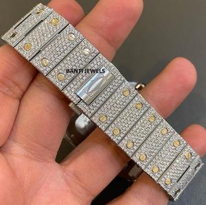 Reloj Cronógrafo de Lujo Cuadrado Antiguo de Acero Inoxidable con Incrustaciones Completas de Moissanita en Dos Tonos Oro y Plata Estilo Hip Hop - Product Image 2