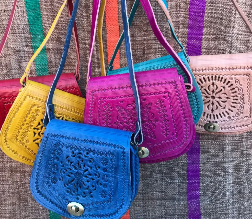 Bolsa transversal do marrocos colorida, bolsa de couro natural feita à mão, vintage, de couro genuíno, oem