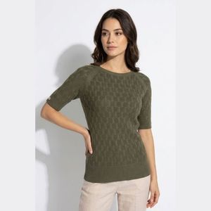 Blusa de Punto Trenzado para Mujer, Textura Suave, Cuello Barco, Manga Corta, Estilo Casual, Elegante, Corte Ajustado - Product Image 1