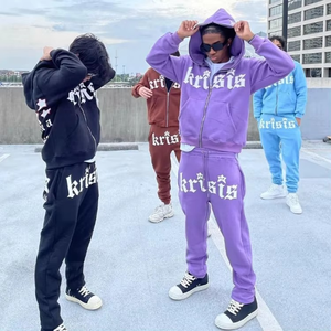 Conjunto de pantalones de chándal y Sudadera con capucha de algodón pesado Puff Impreso Full Zip up Hoodies Tallas grandes Sudaderas con capucha personalizadas para hombres Sudaderas - Product Image 1