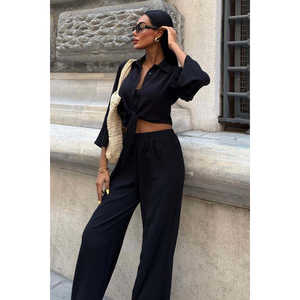 Costume décontracté en crêpe Ayrobin 10179 Printemps/Été Chemise à manches trois-quarts avec lien à nouer et pantalon fendu - Product Image 6