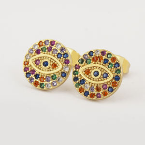 Pendientes de Botón Redondos con Ojo Turco, Chapados en <span class=keywords><strong>Oro</strong></span>, Hipoalergénicos, con Circonita Cúbica, para Mujer, Venta al por Mayor QIKU - Product Image 4