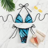 Bikini 2-Piece Warna Solid dengan Tali Spaghetti, Motif Paisley Berpaku, Bagian Bawah Segitiga, Logo Depan, Pakaian Renang Ramah Lingkungan untuk Wanita