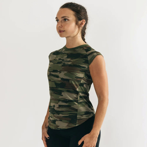 T-Shirt camouflage en toile d'olive pour femme, 95% coton, 5% Spandex, manches cape ajustées, en forme de Raglan, encolure ras du cou - Product Image 2
