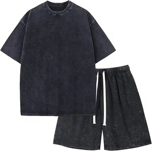 Ensemble de sport décontracté d'été pour homme, t-shirt à manches courtes et short, ensemble deux pièces tendance, haute qualité, lavage à l'acide, 100% coton - Product Image 2