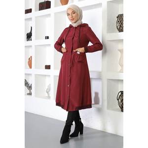 Manteau long à capuche côtelé pour femme, grande taille, en tissu tricoté, imprimé automne et décoré de boutons - Product Image 6