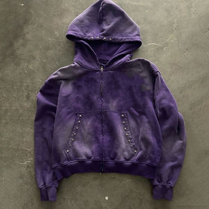 Sudadera con capucha para hombre con estampado de pantalla lavada con ácido y cremallera en el hombro y con pedrería - Product Image 2