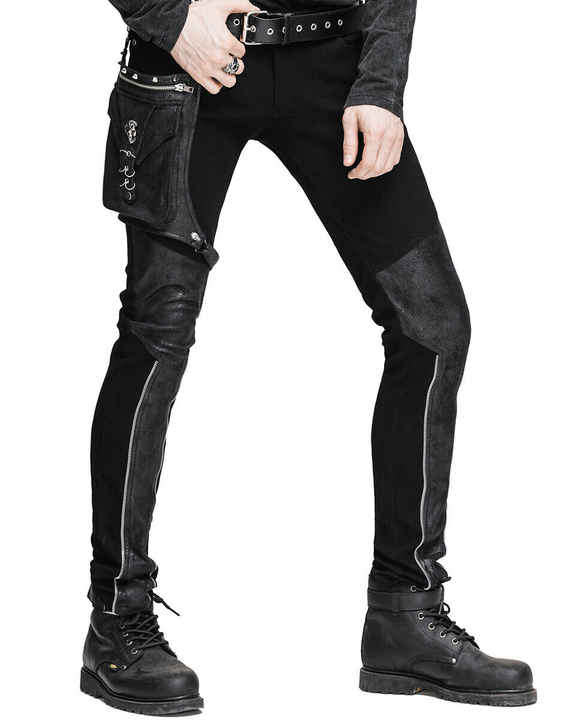 Men's Black Skinny Jeans with Leather Patches High Waist Fashion Stretch Denim Cargo Pants Plus Size Light Wash Waterproof