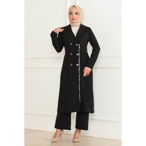 Conjunto de Dos Piezas Casual Negro MSW19219-1 con Cierre de Cremallera y Detalle de Botones, Top Largo Talla XXS y Pantalones Cortos a la Altura de la Rodilla - Product Image 1