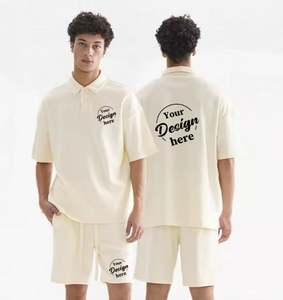 Ensemble deux pièces décontracté d'été de haute qualité pour hommes polo ample et respirant motif uni short de costume gaufré à manches courtes - Product Image 2