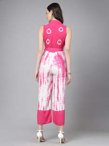 สีชมพูและสีขาวมัดย้อม Culotte Jumpsuits เสื้อคอแขนกุดเอว Tie-ups ตะขอปิดเทศกาลผลิตภัณฑ์จํานวนมากชุดทําด้วยมือ - Product Image 5