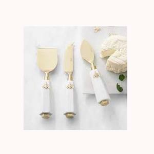 ชุดมีดตัดชีสเค้กทรงกลมด้ามหินอ่อนสีขาวชุดเครื่องใช้บนโต๊ะอาหารชุบทองทำจากโลหะสแตนเลส - Product Image 1