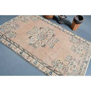 Tapis en laine turque vintage de 4.5x7.5 pieds Patchwork beige et bleu tissage plat pour décorations de salon avec support en latex - Product Image 4