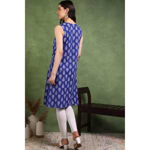 Kurti Corto de Algodón Cambray Azul para Mujer, Corte Regular, Largo hasta la Rodilla, Estampado Floral, Sin Mangas, Cuello con Muescas - Product Image 5