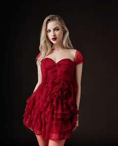 Luxury Deep Red Mini <b>Dress</b> with Sweetheart Neckline Tiered Ruffle Skirt and 3D <b>Floral</b> Accent Made in Vietnam OEM ODM service - Product Image 3