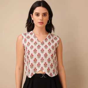 เสื้อครอปพิมพ์ลายแขนกุดสำหรับผู้หญิงผ้าฝ้ายลายผสมคอวี - Product Image 1