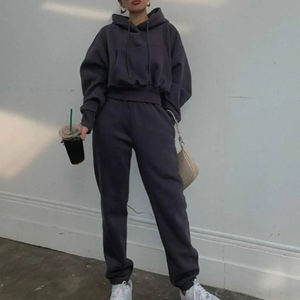 Conjunto de chándal de Jersey de algodón 100% para mujer, conjunto de 2 piezas con Top estampado y pantalones, trajes deportivos de Color sólido para invierno - Product Image 2