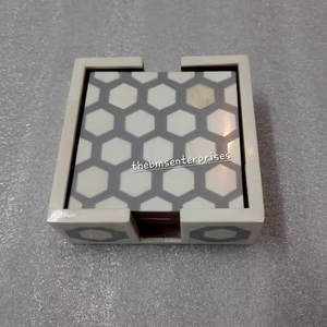 Handmade Antique Honeycomb Pattern Eco-Friendly <b>Square</b> Bone Inlay Coaster <b>Set</b> with Elegant Holder for Home and Hotel Mats & Pads - Product Image 1