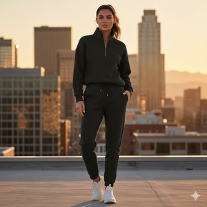 Conjunto de Moda Ecológico de Punto Personalizado para Mujer, Diseño de Cierre con Patrón Sólido, Top de Manga Larga y Pantalones Anchos Casuales - Product Image 3