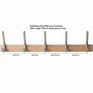 5-Hook Beech Wood <b>Wall</b>-mounted Coat Rack 700mm Length 150mm Hook Spacing Aluminum Hooks - Product Image 2